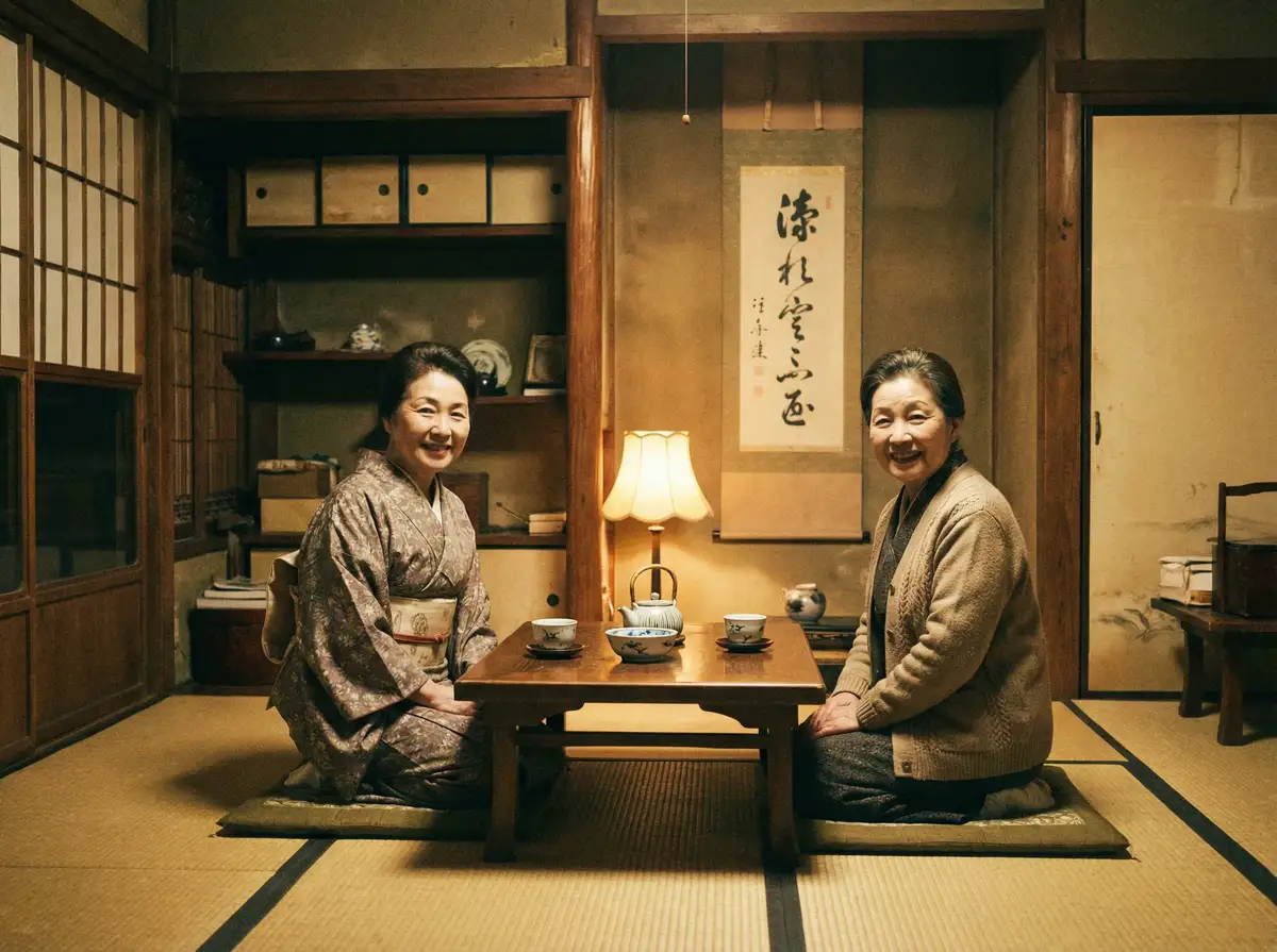 两位优雅的 manbetx万博体育平台 在日式茶室中品茶交谈